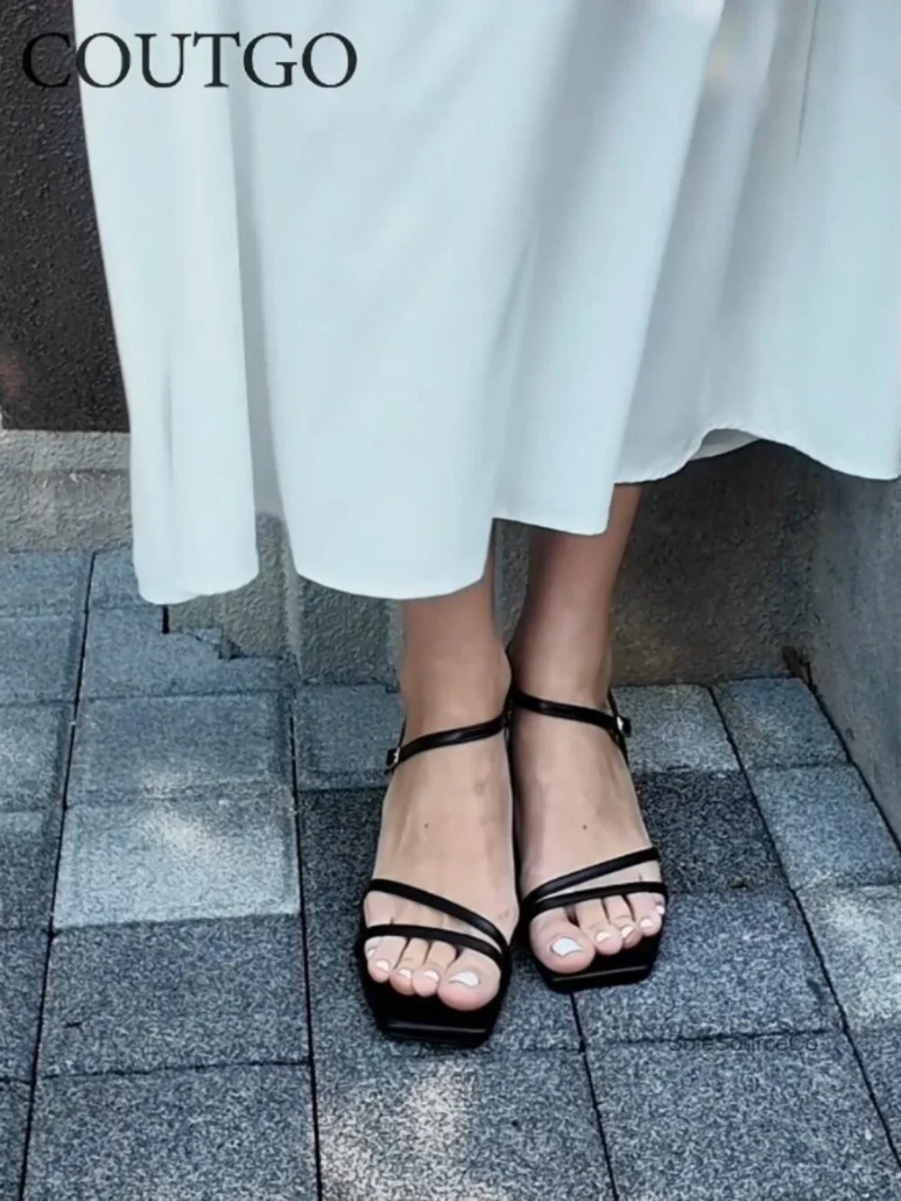 Strappy Low Kitten Heels Square Open Toe Sandals Ankle Strap Comfortable Dressy